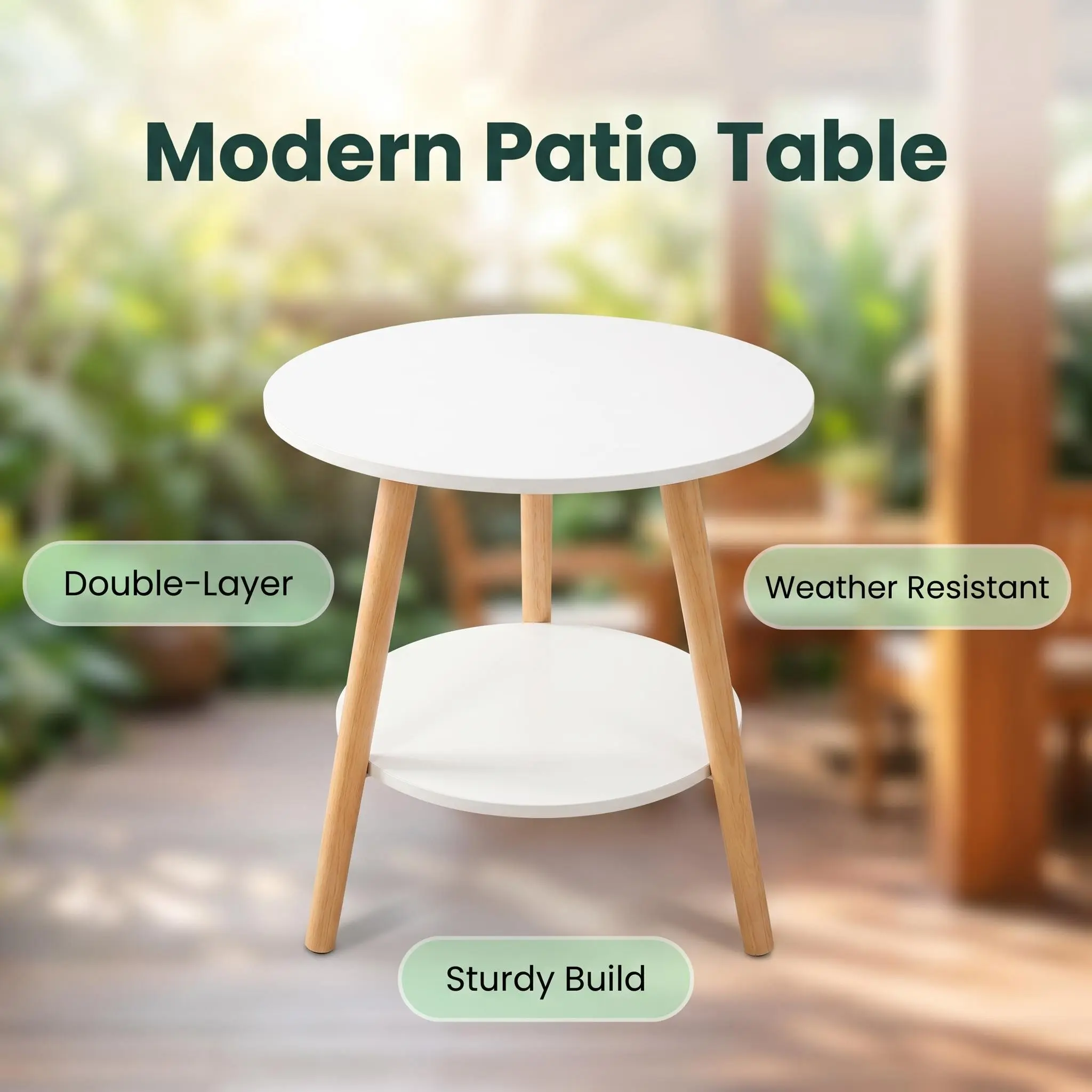 Outdoor Coffee Table Round Patio Side Table Double Layer Weather-Resistant Small Accent Table Modern White & Wood Finish for Garden Balcony Terrace