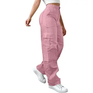 Womens Cargo Pants Elastic Waisted Hiking Pant Athletic Casual High Waist Straight Leg Trousers with Multi Pockets