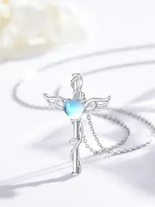 Women's Elegant Artificial Gemstone Decorated Cross Pendant Necklace, Exquisite Trendy Wing Design Pendant Necklace, Chic Jewelry As Gift for Girlfriend, Birthday Gift Jewelry, High End Necklace