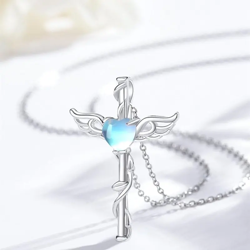 Women's Elegant Artificial Gemstone Decorated Cross Pendant Necklace, Exquisite Trendy Wing Design Pendant Necklace, Chic Jewelry As Gift for Girlfriend, Birthday Gift Jewelry, High End Necklace, Zircon Necklace, Cross necklaces