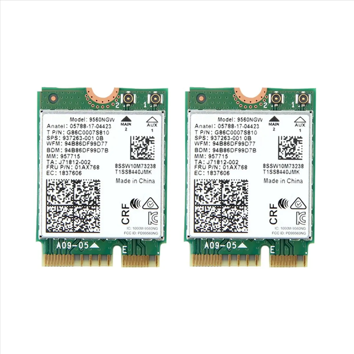 2 x Wi-Fi Card 9560NGW (2-Pack, NGFF Key E, 22x30mm) - M.2 CNVI Interface, 1730Mbps Gigabit AC Dual Band 2.4G+5G Adapter with Bluetooth 5.0 & Antenna Diversity, Clevo Compatible, Fast Downloads for Windows Users & On-the-Go Use