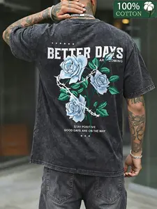 Men's Plus Size Short Sleeve Round Neck T-Shirt, 100% Pure Cotton, Fashion Retro Floral Rose Thorns Print, Casual Street Style, Summer Essential
