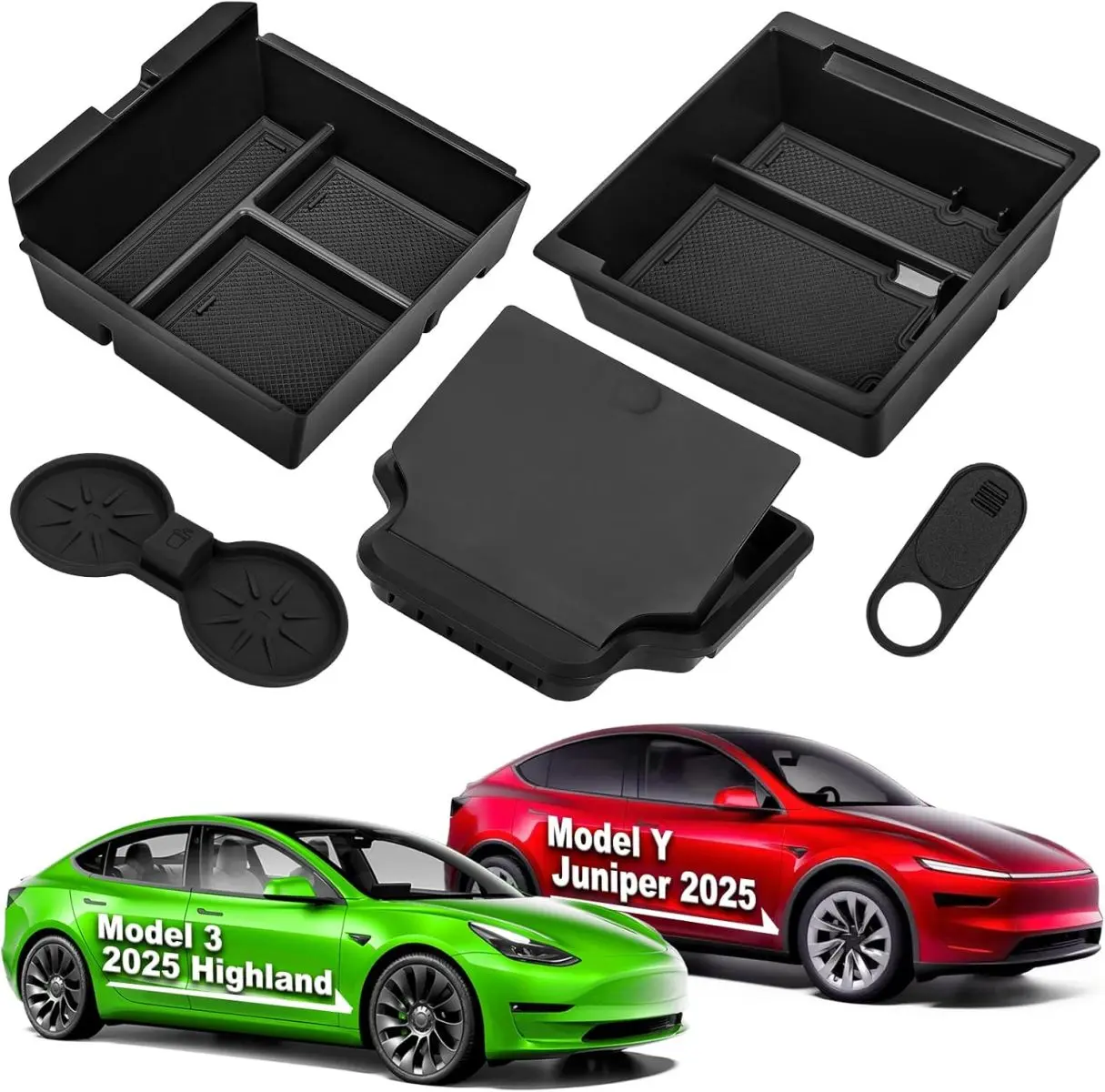 5-Piece Complete Center Console Organizer Set with 2 Storage Trays 1 Cup Holder 1 Hidden Armrest Box 1 Camera Cover for Tesla Model 3 Highland 2024 2025 & Model Y Juniper 2025 Accessories Interior Car Organization