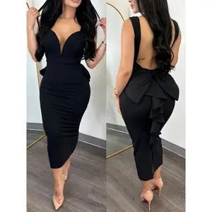 Women's Elegant Bridesmaid Dress - Sexy backless deep V-neck high waisted bow detail slim fit dress with asymmetrical slit Fabric Womenswear