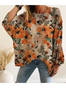 Spring/Summer style, boat neck, diamond hollow out, batwing drop shoulders, loose fit, color-block floral print, long-sleeve women's knit top, vacation style, casual elegant commute, ladies' vest cover-up, bikini cover-up.