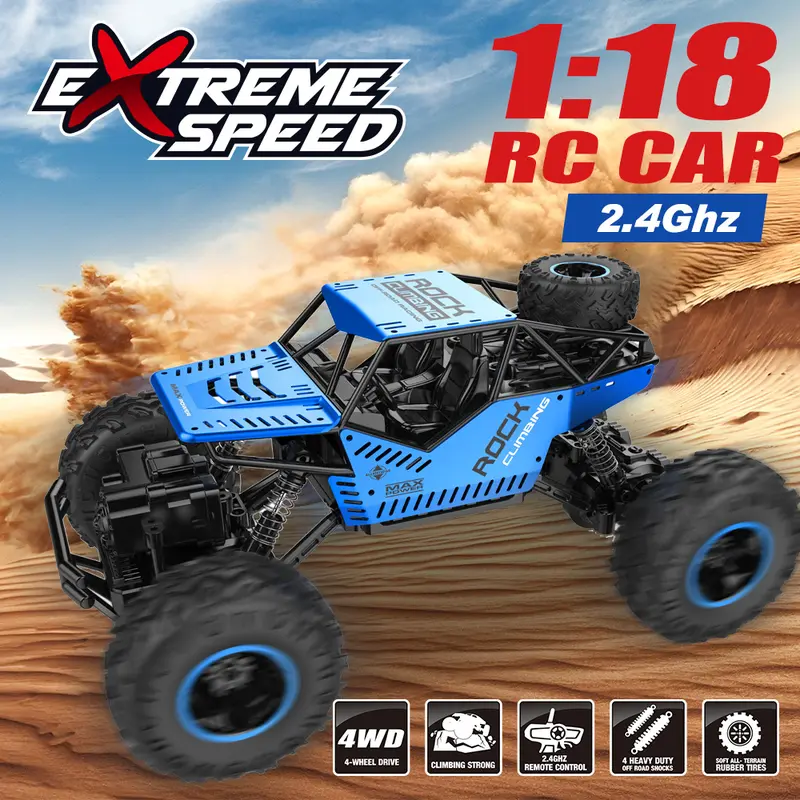 1:18 Scale 4WD RC Car - Metal Shell, Dual Motors, 2.4Ghz, Soft All Terrain Rubber Tires, 4 Heavy-Duty Off-Road Shocks, High Speed, 120 Min Playtime, Durable Frame, Built-In Batteries, Cells, Multi-Mode Remote-Controlled Monster Truck, Toys for Boys