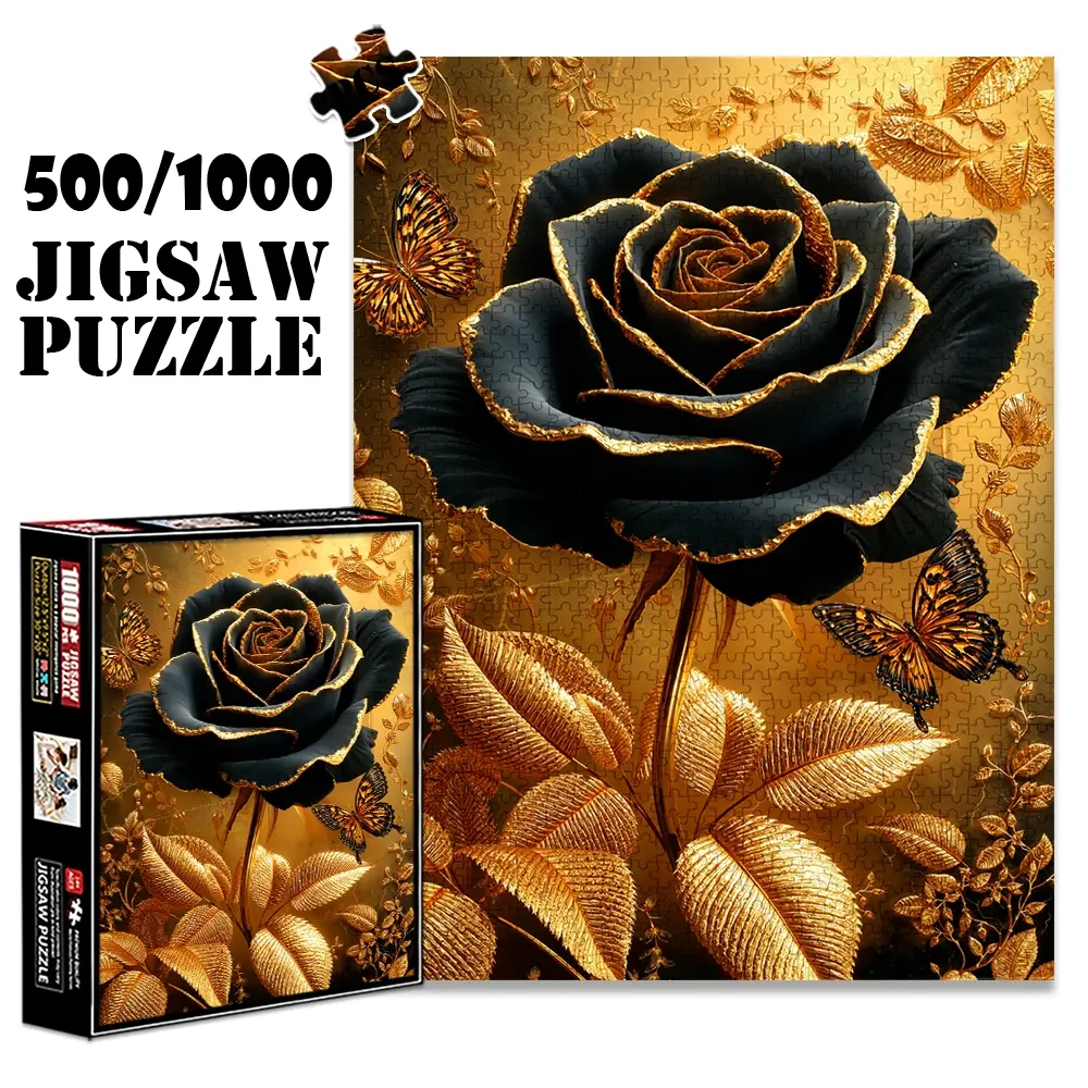 1pc 1000 piece adult puzzle 70x50cm Black Rose with Golden - Edged Petals and Butterflies 500 pieces paper jigsaw puzzle suitable for DIY creative games for adults and families, birthday and holida