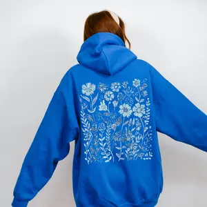 Blue Wildflower Hoodie, Flower Hoodie Cute Womens Hoodie, Cottagecore Pullover Jumpers, Flower Printed Hoodies, Gift for Her, Nature Lover Gifts