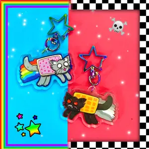 Nyan Cat and Tac Nayn Acrylic Keychain | Emo Scene 2000s Cat | Rainbow Scenecore Charm Bag Clip | Y2K Alternative Charms