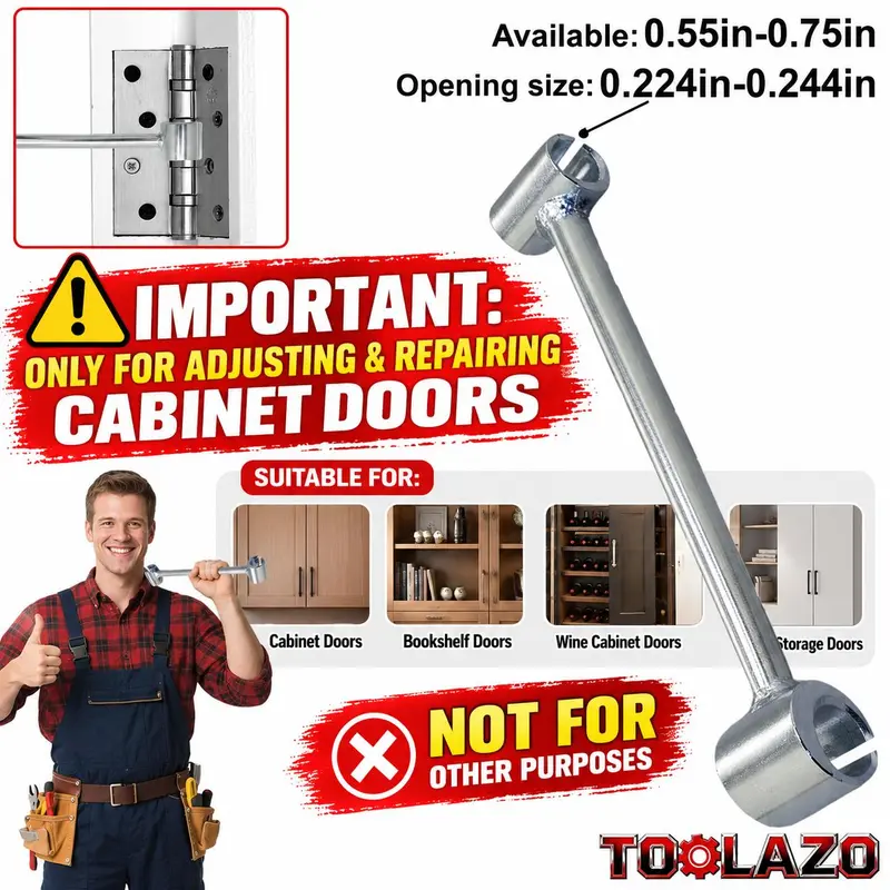 Heavy-duty double-ended hinge adjustment tool set with 14-19mm wrench.Designed for adjusting and repairing cabinet doors, bookshelf doors, wine cabinet doors, and storage doors. Ideal for precise hinge alignment, gap adjustment, and furniture maintenance.