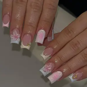 24pcs Square Medium-Length Nails, Nude Base + French Edge + 3D Bougainvillea + Crinkle Texture + Starfish Pearl Decor, Reusable Fake Nails, Beginner-Friendly, Salon Quality Nails