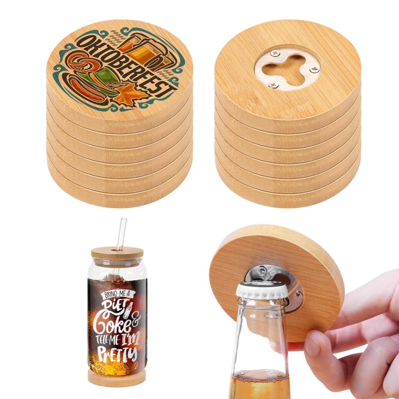 12 Pack 2 in 1 Sublimation Bamboo Bottle Opener Coaster Blanks,Wooden Stainless Steel Table Opener Mug Cup Coasters,Custom Personalized Beer Openers for Kitchen,Bar,Restaurant (2 Shapes)