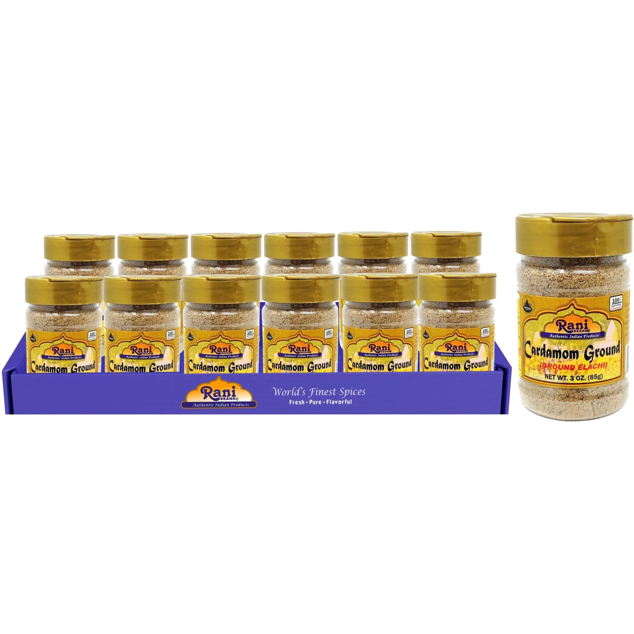 Rani Cardamom (Elachi) Ground, Powder Indian Spice 3oz (85g) PET Jar, Pack of 12 ~ All Natural | No Color Added | Gluten Friendly | Vegan | NON-GMO | No Salt or Fillers