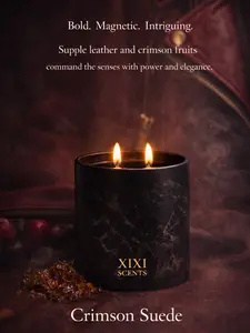 Crimson Suede Scented Candle Organic Coconut & Apricot Wax with Red Saffron Suede Rose Notes High Fashion Lust Forbidden Luxury