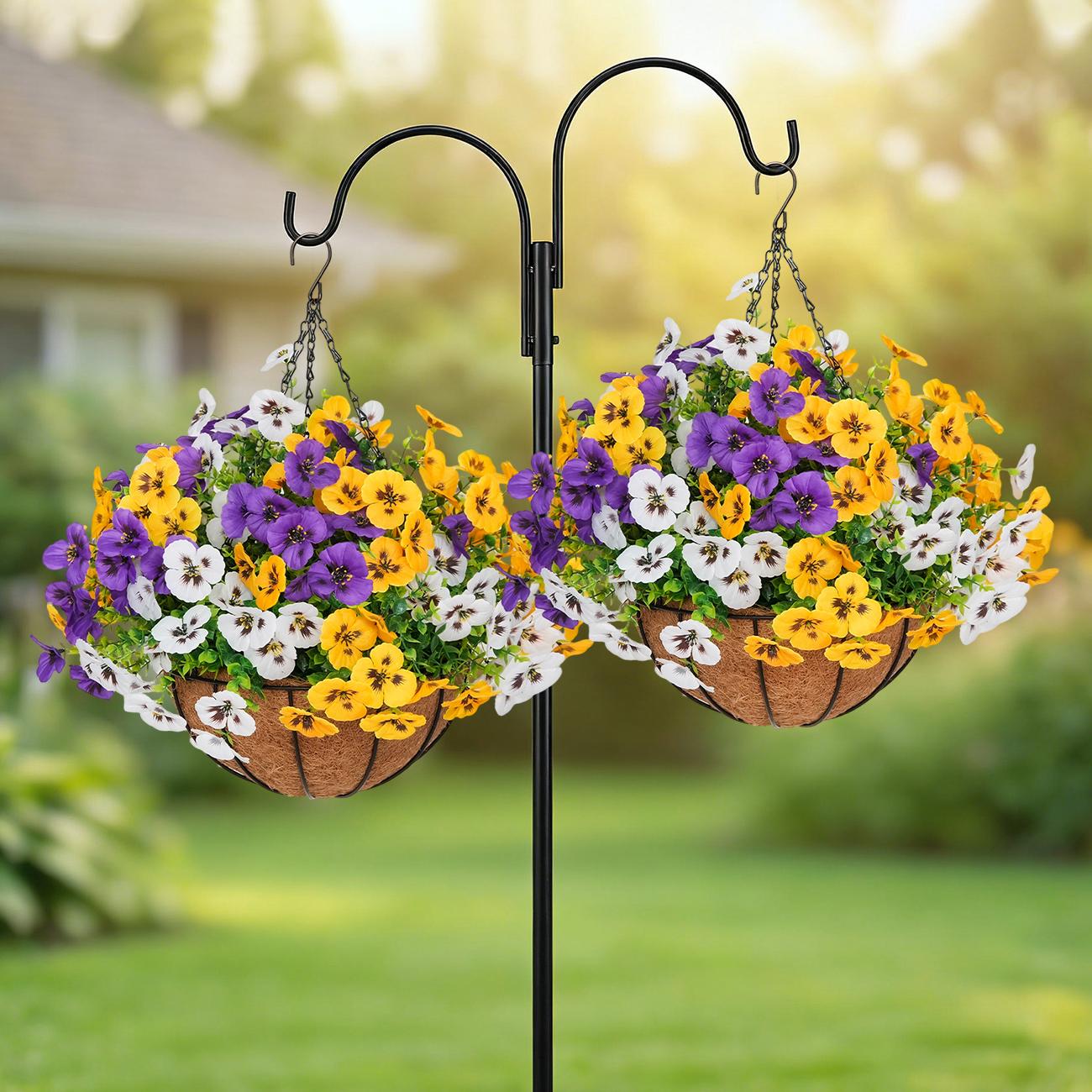 2Pcs UV-Resistant Outdoor Indoor Hanging Flower Baskets, Artificial Flowers for Outside, Pansy Hanging Planter, No-Fade Floral for Porch, Garden, Balcony & Fence Decor