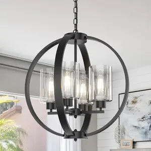 4-Light Black Chandelier Light Fixture, 18in Farmhouse Dining Room Chandeliers with Glass Shade Globe Lighting Fixtures Modern Pendant Lamp for Kitchen Island Entrance Foyer Living Room