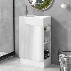 18.6*10.6*33.2 Inch Modern Freestanding Bathroom Vanity MDF Board Ceramic Single Sink 80LBS Capacity Cabinet Door Toilet Paper Holder 2-Tier Shelf Left Right Orientation Assembly Required for Bathroom Use