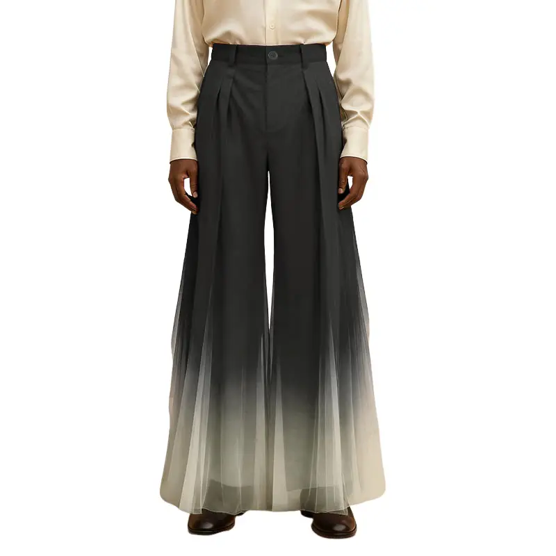 INCERUN Men's Chic Gradient Trousers, Floor Length Wide-Leg Fit with Sheer Mesh Hem for a Flowy Skirt-Like Vibe