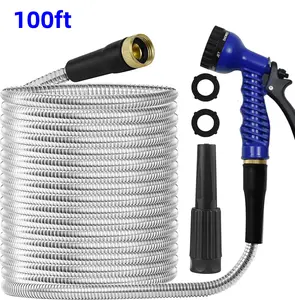 Nw 11Lbs 25Ft/50Ft/100Ft Flexible Metal Garden Water Hose with 3/4" Connector, Multi-Function Nozzle, 304 Stainless Steel Heavy Duty Garden Hose