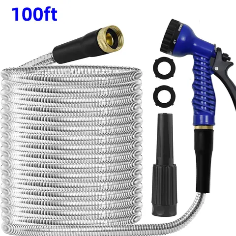 Nw 11Lbs 25Ft/50Ft/100Ft Flexible Metal Garden Water Hose with 3/4" Connector, Multi-Function Nozzle, 304 Stainless Steel Heavy Duty Garden Hose