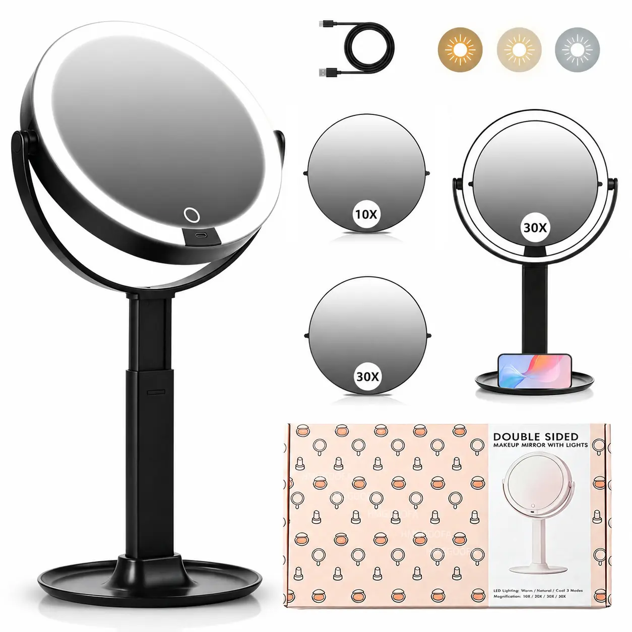 Makeup mirror,LED Vanity Mirror with Replaceable 40X & 10X Magnifying Mirrors, Lighted Makeup Mirror with 3 Color Modes, Touch Dimmable, USB Rechargeable Desktop Mirror with Adjustable Stand & Storage Tray