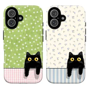 Black Cat Peek Floral Table Phone Case Duo, Large Yellow Eyes Green Pink Gingham Blue Cream Stripes Small Flowers Whimsical Playful Vibes, Play Now Aesthetic Gift, iPhone 17–11 Pro Max Plus, Galaxy S25–S22 Ultra