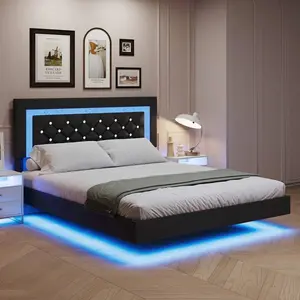 Bed Frame Upholstered Platform Bed With LED Lights Floating Bed Frame With Headboard Black LED Bed Twin Full Queen No Box Spring Needed Easy Assembly Bedroom Furniture Brown Stripe Luxury Recliner Sofa Set