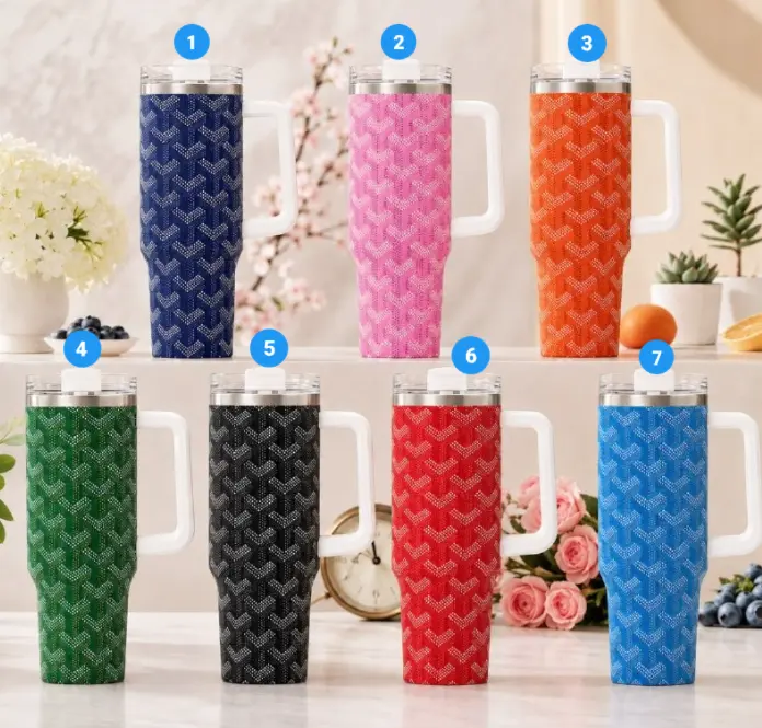 Luxury High-End Parisian Dogtooth Print Pattern 40oz/20oz Tumbler with Handle & Straw, Stainless Steel Double Wall Vacuum Insulated Travel Mug, Luxury Chic Aesthetic Edition, Keeps Drinks Hot & Cold