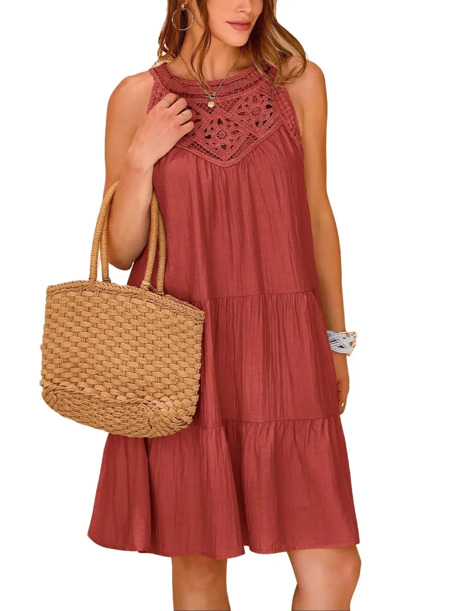 BTFBM Women's Hollow Out Halter A-Line Swing Mini Dress for Summer Beach Vacation Womenswear