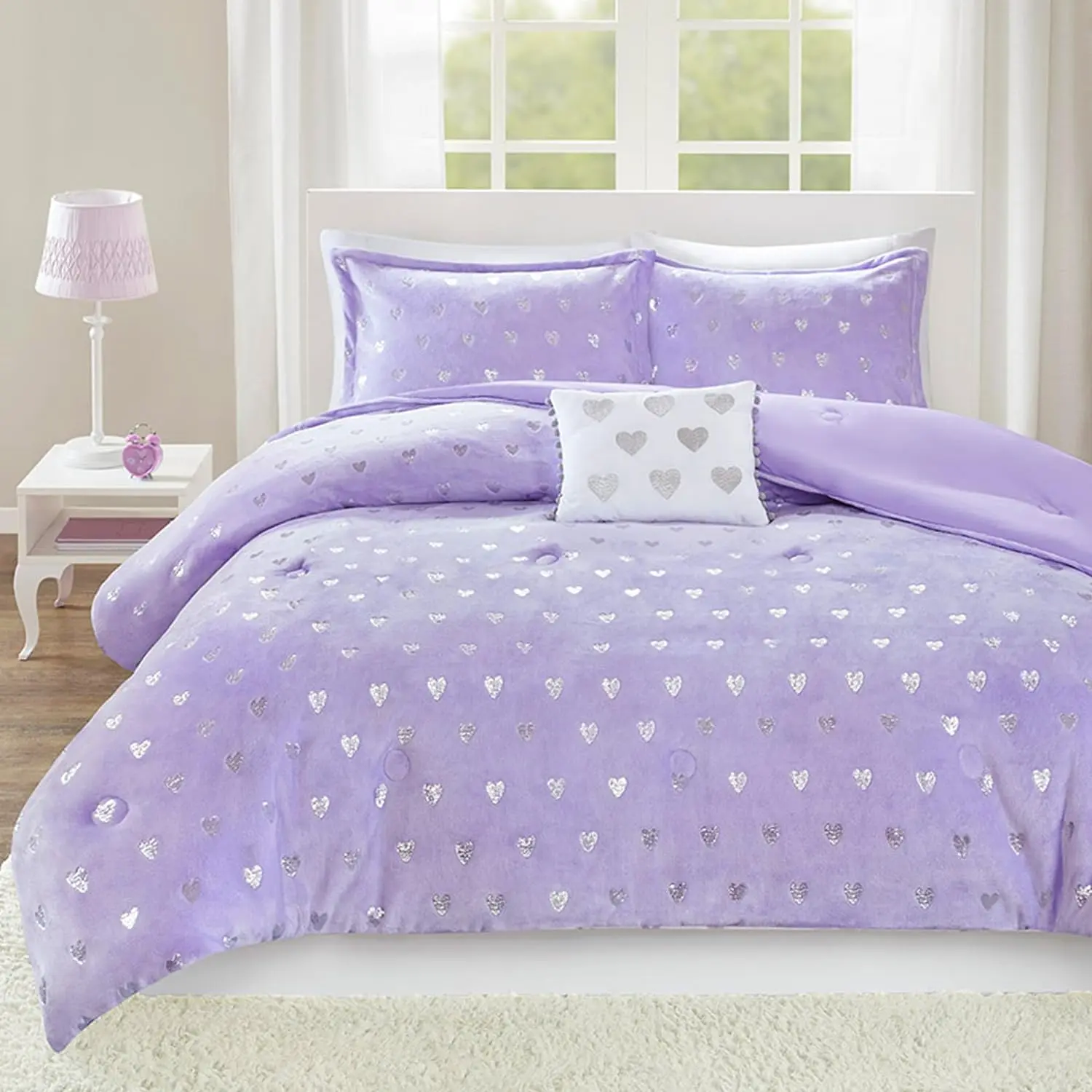 Mi Zone Rosalie Aqua Full/Queen 4-Piece Comforter Set for Girls - OEKO-TEX Certified, Ultra-Soft Microlight Plush Fabric, Metallic Printed Hearts, Brushed Reverse, Overfilled Down Alternative, Hypoallergenic, All-Season Use, Machine Washable, Solid Design
