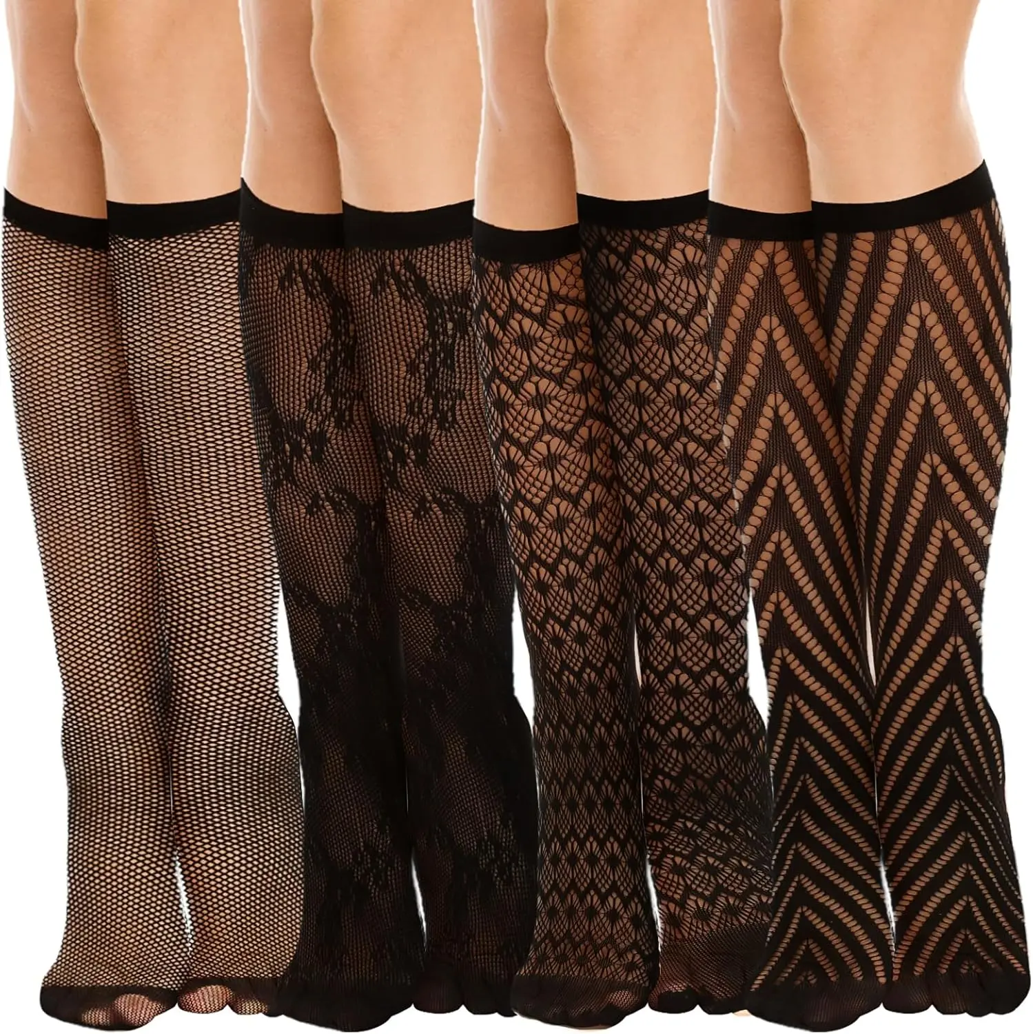 4 Pairs Knee High Stockings, Women's Fishnet Stockings Hollow Black Calf Socks Stylish Sexy Sheer Mesh Trouser Sock Jacquard Patterned Stretchable Semi Sheer Lace Socks Women Girls