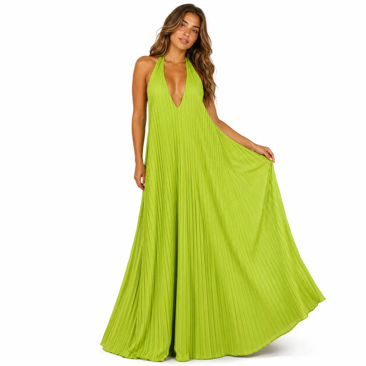 Women's Lime Green Pleated Maxi Dress, Deep V Neck Halter Tie-Back Backless Sleeveless Flowy Floor-Length Long Gown, Elegant Wedding Guest Bridesmaid Prom Cocktail Party Vacation Resort Summer Formal Evening Dress short tennis new hip hop spider hoodies