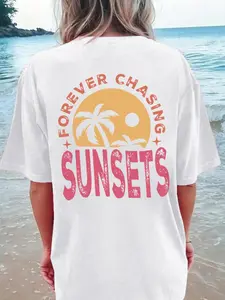 Women's Letter & Heart Print Round Neck Tee, Casual Short Sleeve T-Shirt for All Seasons, Ladies Summer Sleepwear for Beach Vacation, Womenswear