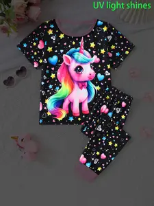 Girls’ 2-piece set for spring/autumn/summer: glow-in-the-dark cute unicorn pattern crew-neck short-sleeve T-shirt + fluorescent elastic pants with heart, starry sky, and numeric prints; long pants set; girls’ sleepwear/homewear set; flame-resistant fabric