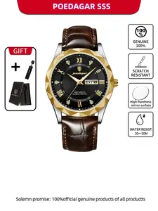 Luxury Business Waterproof Quartz Watch for Men, High End Watch, Luminescent Date & Day Display, Stylish Leather Strap, Perfect for Formal Occasions