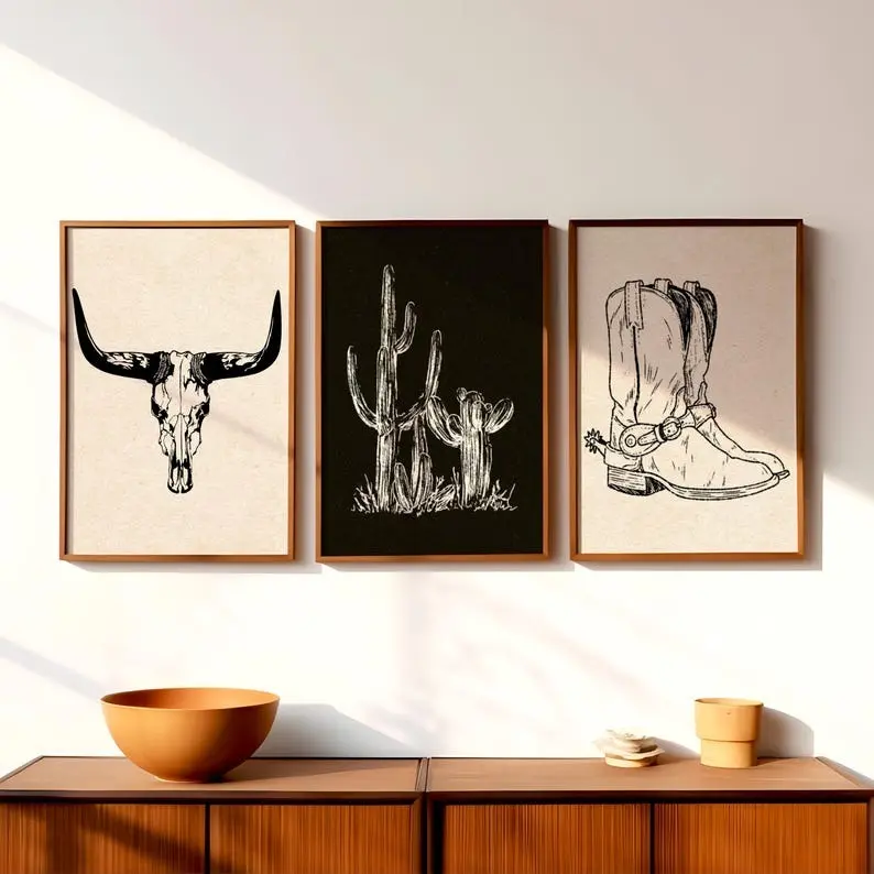 Set Of 3 Cowboy Western Wall Prints | Black and White Southwest Decor | Minimalist Gallery Wall Art | Southwest Landscape
