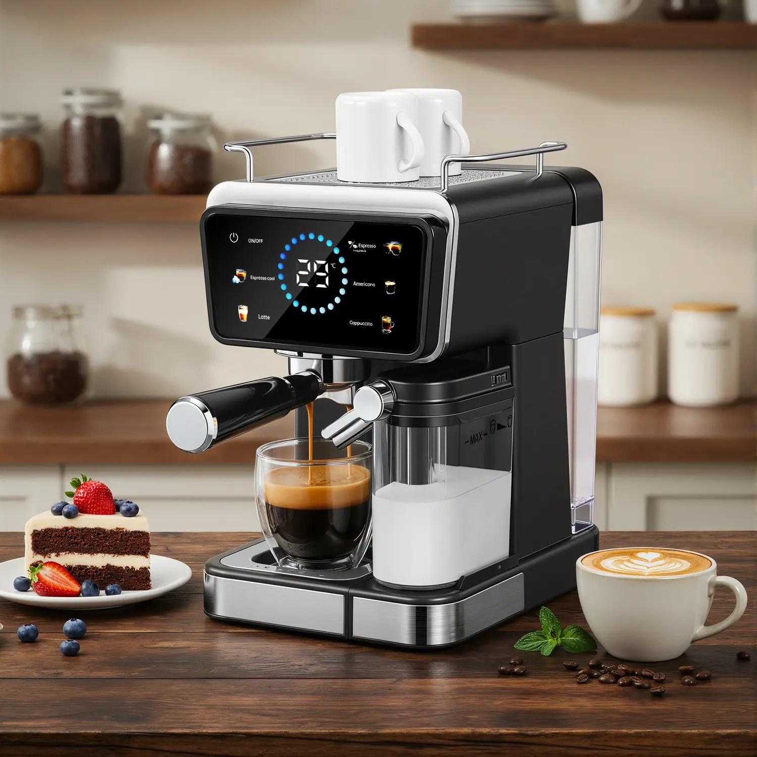 20 Bar Espresso Machine with Automatic Milk Tank & Touch Screen - Cappuccino Coffee Maker Suitable for Espresso, Latte, Cappuccino, Removable Water Reservoir Tank