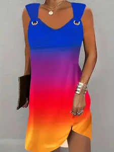 【Plus Size】 Rainbow Print Tank Dress, Casual Comfy Boho Sleeveless Maxi Dress for Summer, Women's Plus Clothing for Beach Holiday Vacation