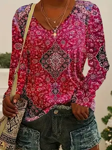 【Plus Size】Elegant Vintage Ethnic Pattern Long Sleeves Top, Tiktok Trendy Retro Stylish Design, Comfortable Loose Fit Daily Wear Women's Fashion