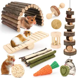 12-in-1 Natural Small Pet Cage Variety Pack: Chew Toys, Hideout, Seesaw for Rabbits, Guinea Pigs to Support Teeth Health