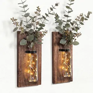 2 Pack Wood Glass Wall Sconces, Farmhouse Planters for Indoor Plants, Rustic Decor for Living Room, Hanging Vase (Brown)