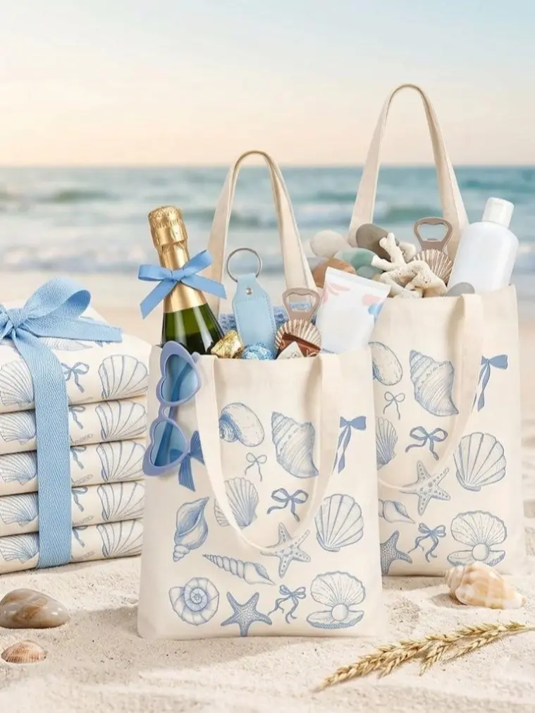 Coastal Party Favor Bags, Canvas Summer Beach Tote Bags with Bow Starfish Seashell Print for Coast Bachelorette Birthday Party, Bridal Shower Gift Bags,Custom Beach Tote Bags for Bridesmaid, Bachelorette Party Gift Canvas Bags Lightweight Tote Bag Fashion