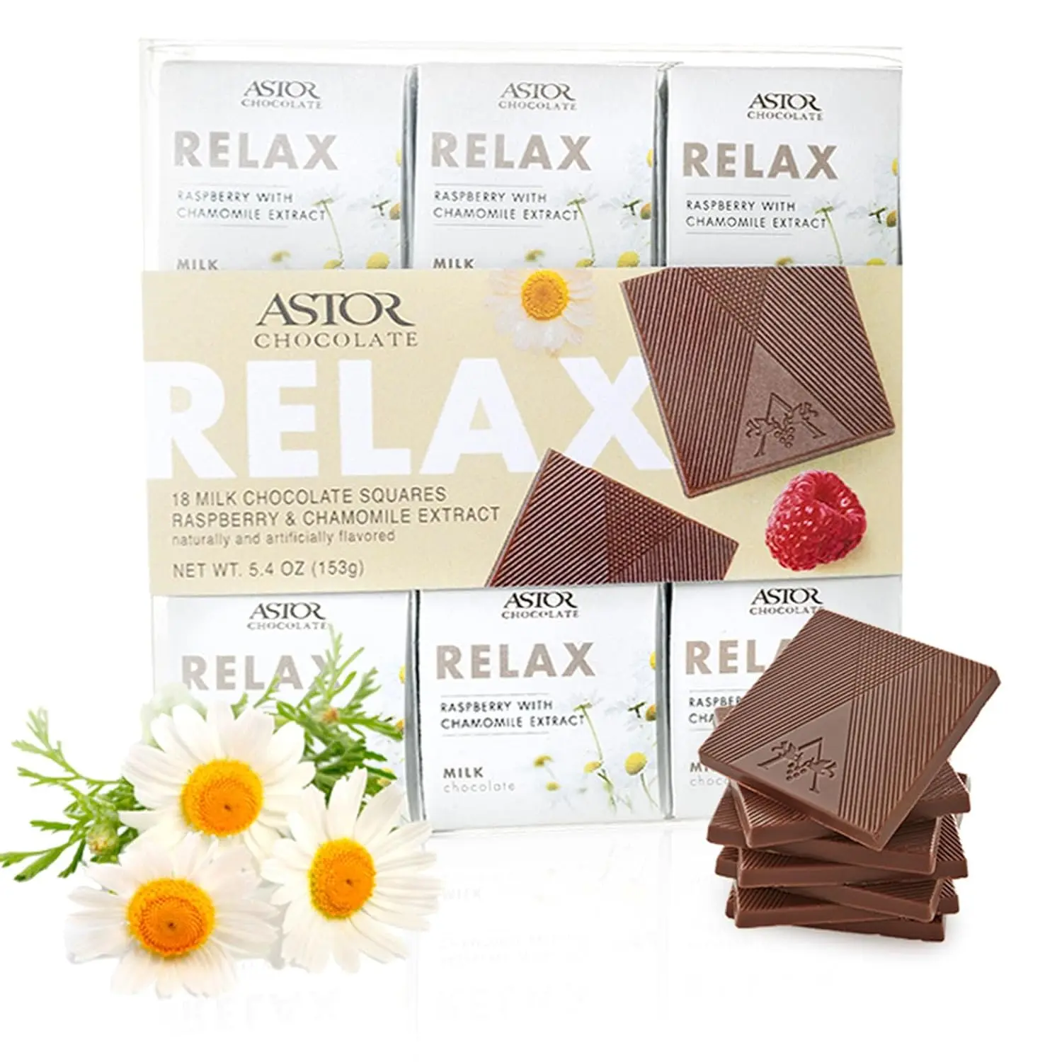 Astor Chocolate Relax Collection – Milk Chocolate Chamomile & Raspberry Squares, 18 Individually Wrapped Belgian Chocolate Mini Bars Gift Box, 5.94 oz