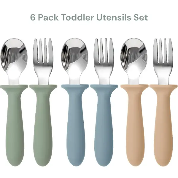 6 Pack Toddler Utensils Set Kids Forks Spoons Stainless Steel with Silicone Handle Baby Safe Dishwasher Safe birthday gift mother