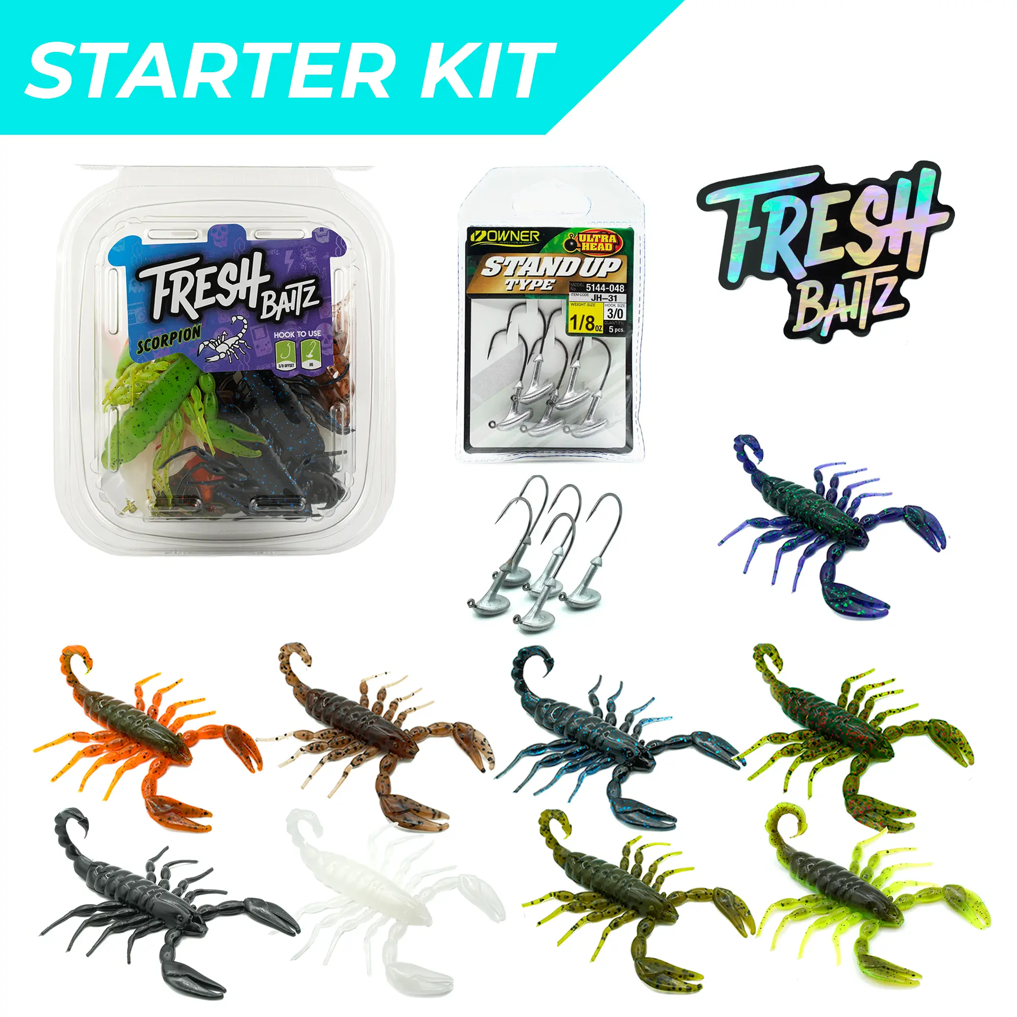Fresh Baitz Scorpion Starter Kit including 9 scorpions plus 5 Owner stand up jigs. Great for smallmouth and largemouth bass fishing.