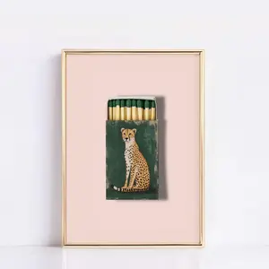Vintage Matchbox Cheetah Print, Emerald Green Leopard Artwork, Dopamine Decor Retro Poster, Funky Animal Print Wall Art for Maximalist Home Styling