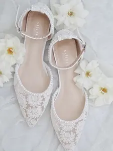 White Crochet Lace Pointy Toe Flats with Mini Pearls, Women's Wedding Shoes for Bride Shoes, Lace Flats