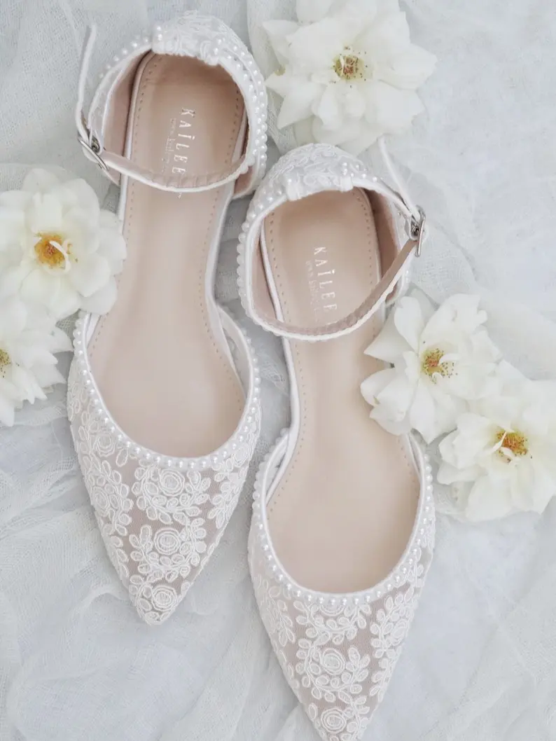 White Crochet Lace Pointy Toe Flats with Mini Pearls, Women's Wedding Shoes for Bride Shoes, Lace Flats