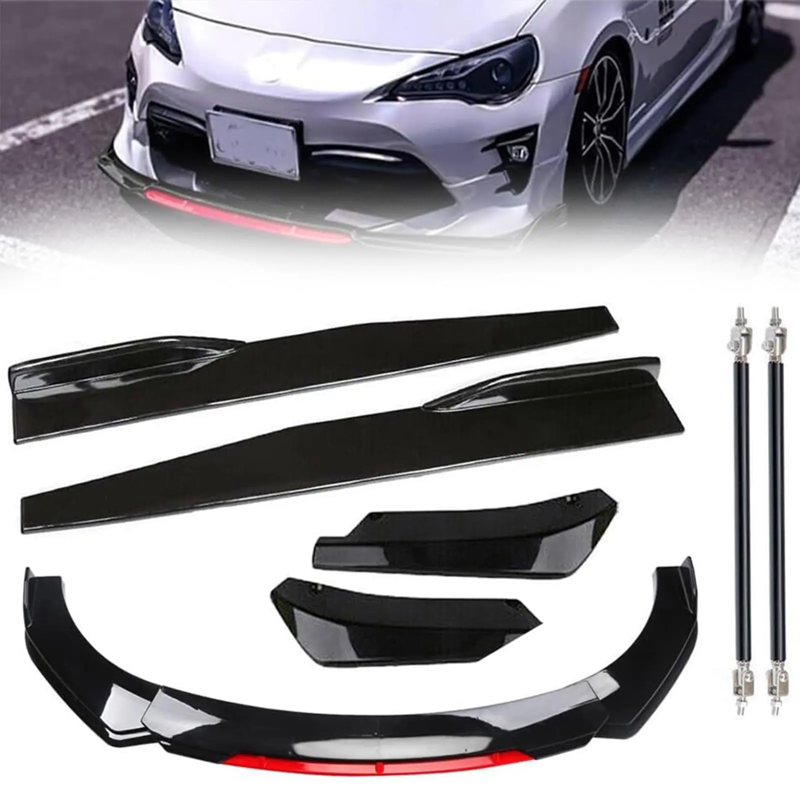 Garvee Front Bumper Lip Spoiler Splitter And Side Skirt Splitter Kit, Plastic+Metal, Universal Front Bumper Lip Spoiler Chin Body Kit for Approximately 1.9M/6.2FT Wide Cars, Black+Red