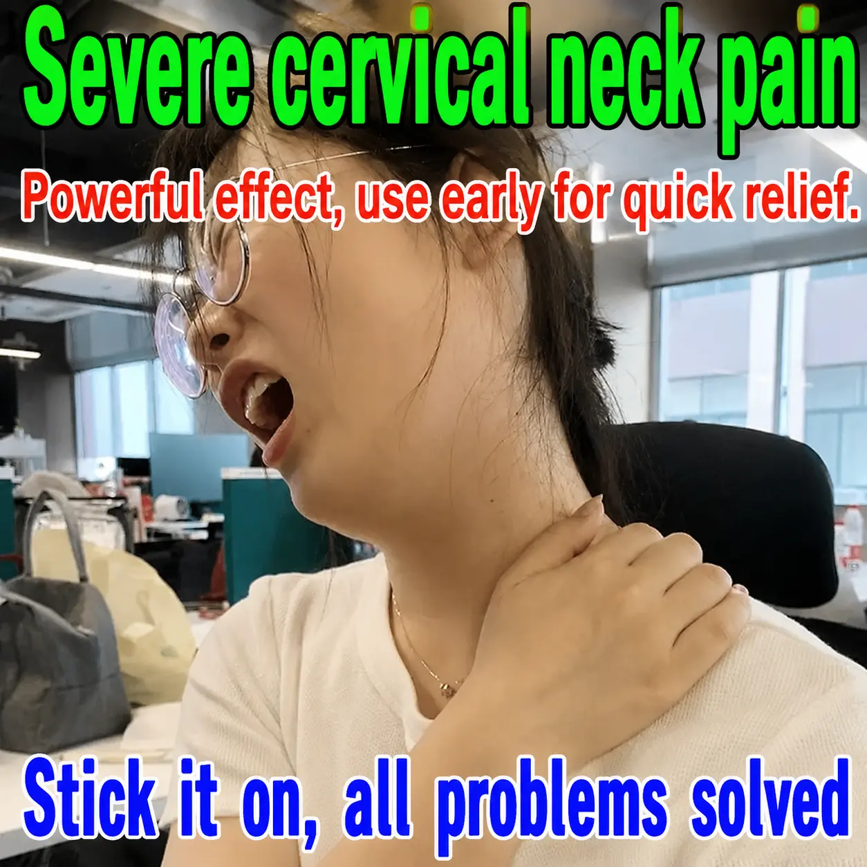 Neck pain patch for neck stiffness and nerve compression; relieves neck soreness, headaches, nausea, and tingling/numbness in the hands; topical paste patch